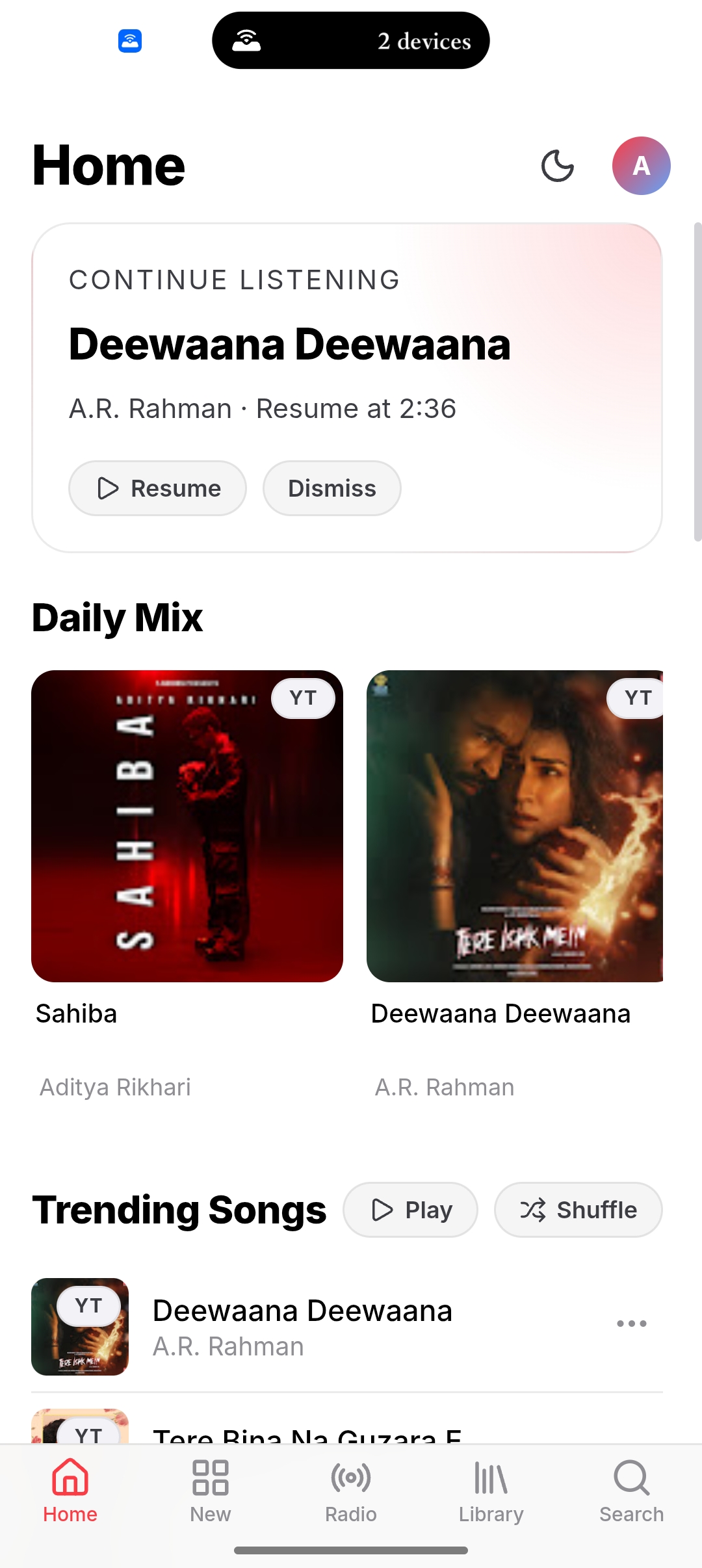 Null Music Home Screen